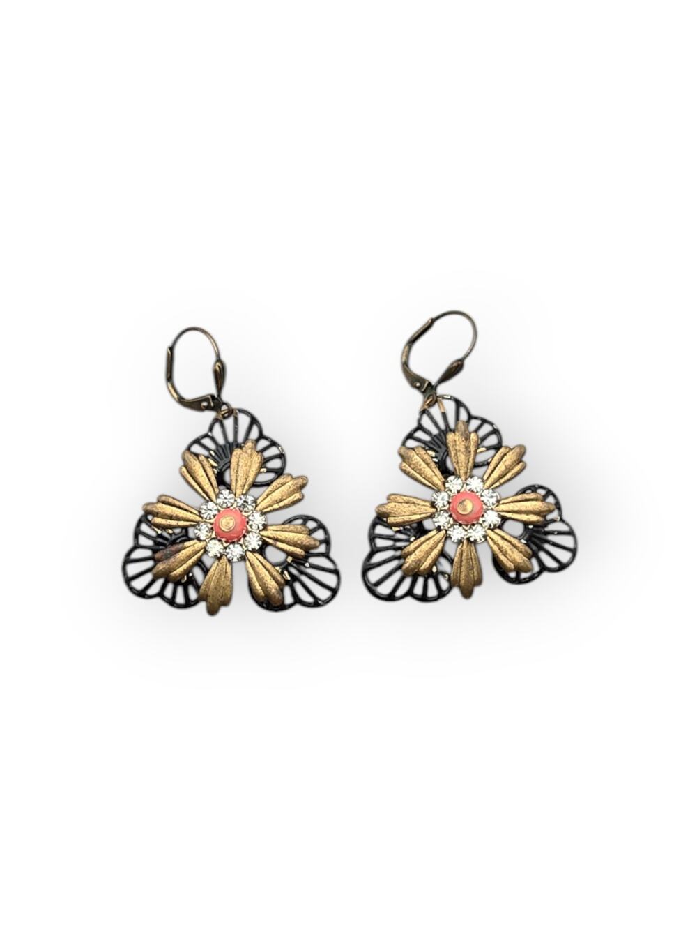 Coral Gold Filigree Floral Drop Earrings Rhinestone Accent - Romantic Victorian